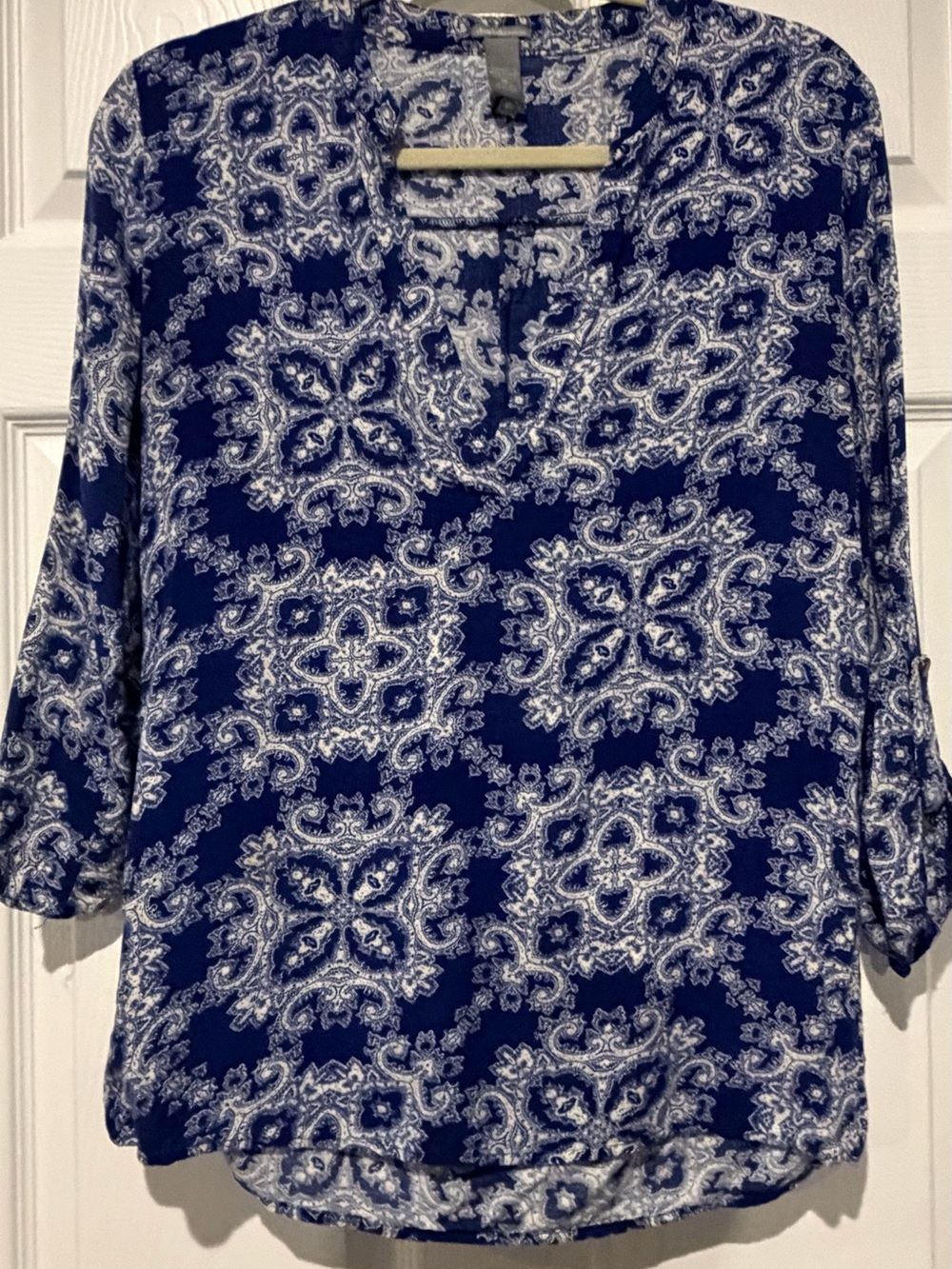 Charlotte Russe Blue and White Paisley V-Neck Blouse